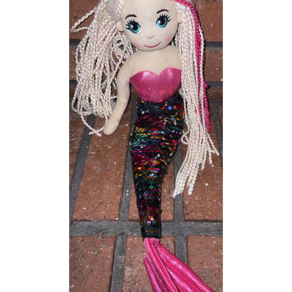 Plush Mermaid Doll Rainbow Flip Sequin Tail White Yarn Hair Pink Glitter Crown - Picture 3 of 4